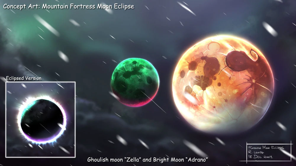 Concept art of the two celestial moons Zella and Adrano by R. Wong.